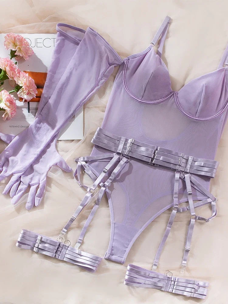 Hot Sexy Lingerie See Through Mesh Dress Ring Chain Bodycon Mini Club Dress with G-String