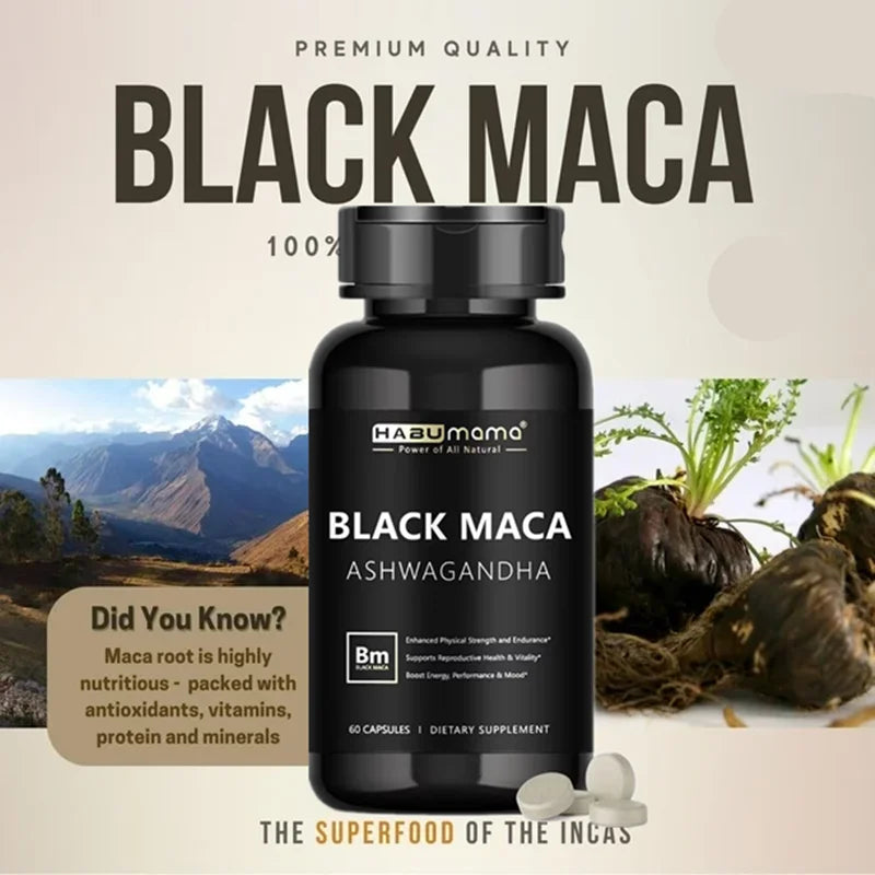 Organic Black Maca Root + Ashwagandha Extract Supplement for Women & Men Erect, Energy, Endurance - Vegan Pills
