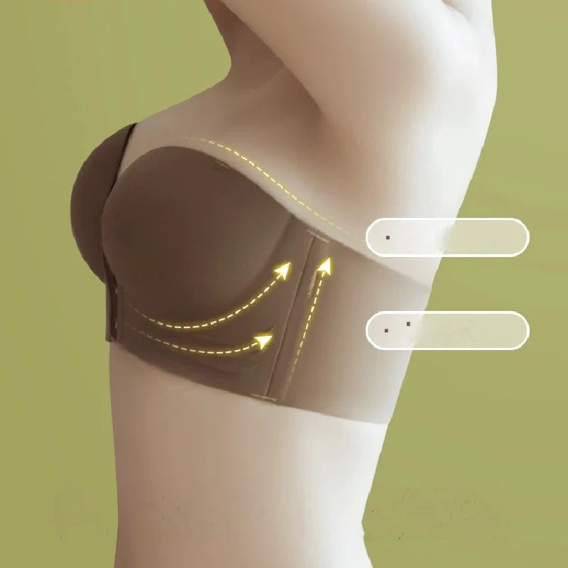 Front Closure Strapless Bras For Women - Seamless Push Up Brassiere Thick Soft Underwear