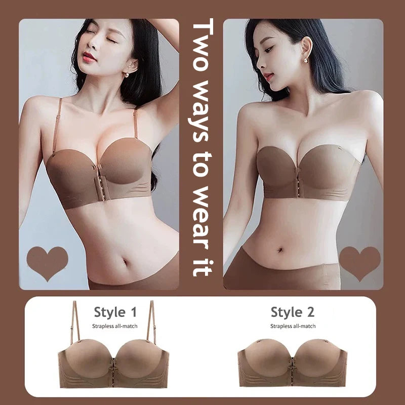 Front Closure Strapless Bras For Women - Seamless Push Up Brassiere Thick Soft Underwear
