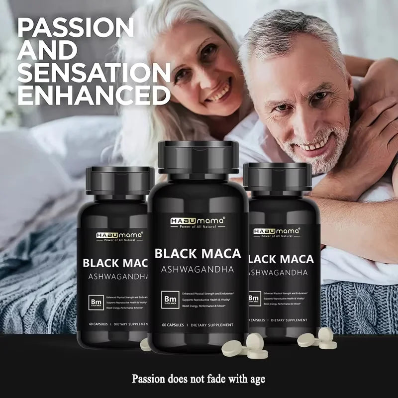 Organic Black Maca Root + Ashwagandha Extract Supplement for Women & Men Erect, Energy, Endurance - Vegan Pills