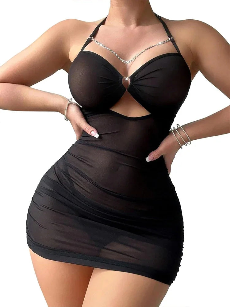 Hot Sexy Lingerie See Through Mesh Dress Ring Chain Bodycon Mini Club Dress with G-String