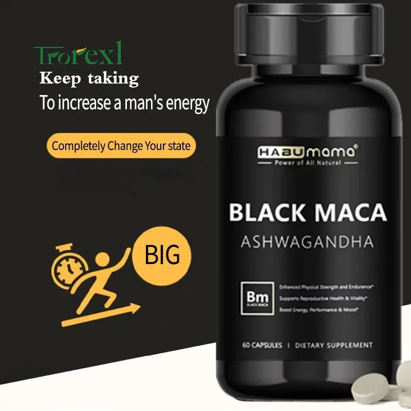 Organic Black Maca Root + Ashwagandha Extract Supplement for Women & Men Erect, Energy, Endurance - Vegan Pills