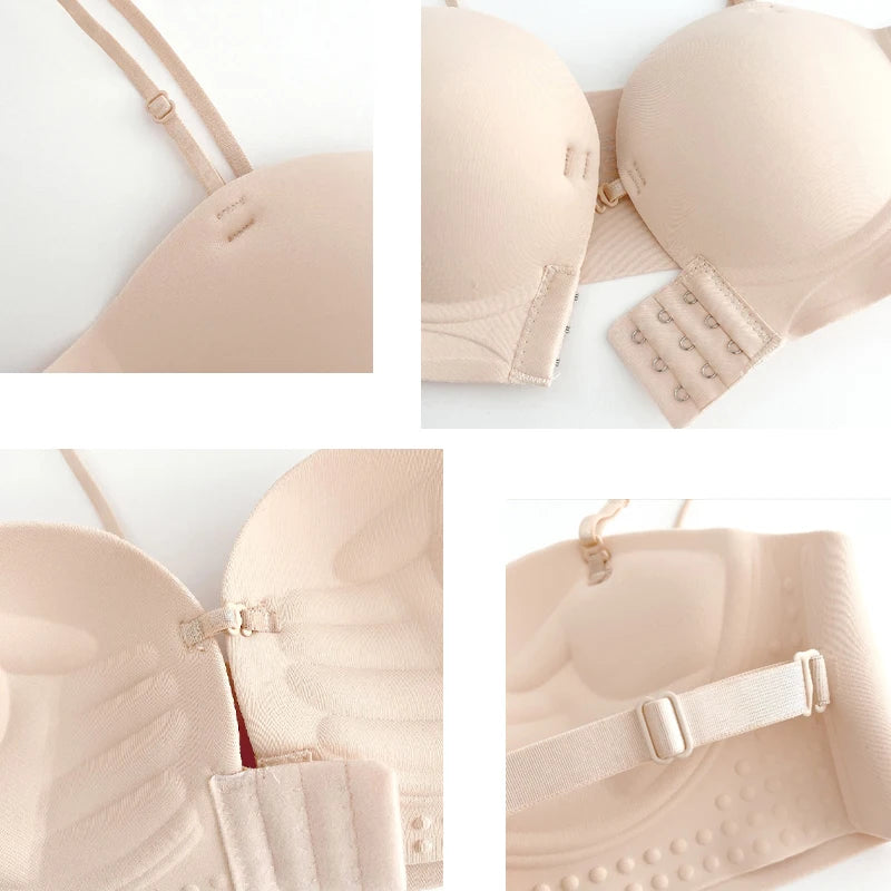Front Closure Strapless Bras For Women - Seamless Push Up Brassiere Thick Soft Underwear