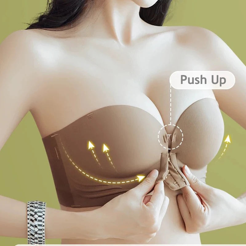 Front Closure Strapless Bras For Women - Seamless Push Up Brassiere Thick Soft Underwear