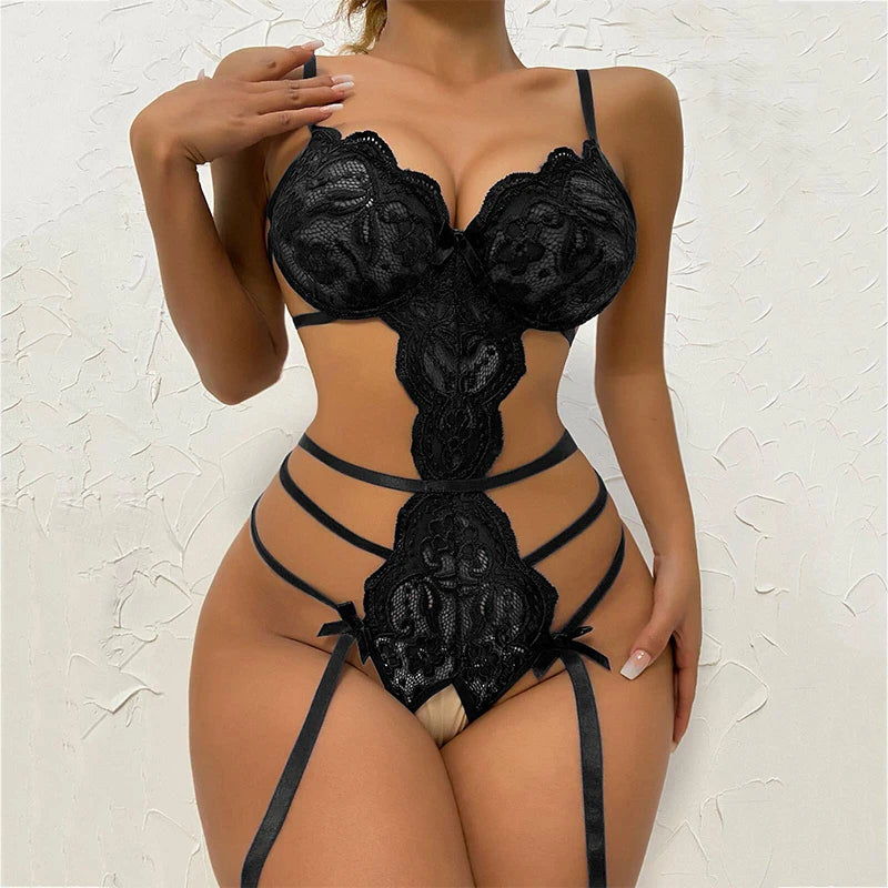Deep V Open Bra Crotchless Corset Set, Hot Women See-Through Green Sex Romantic Lingerie
