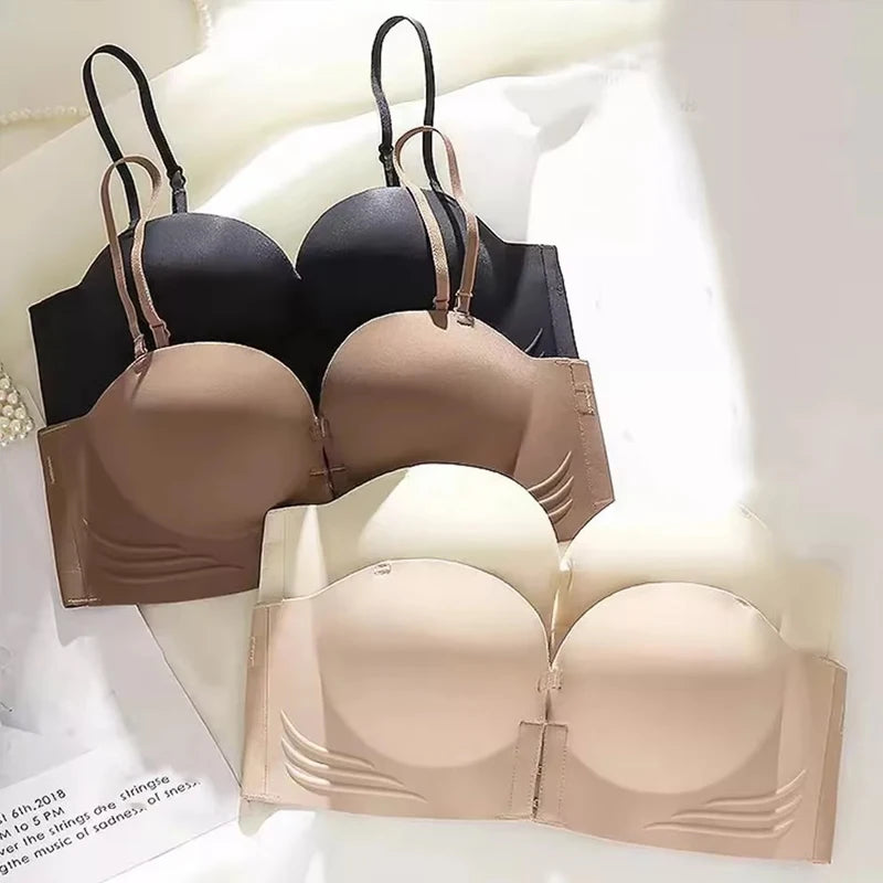 Front Closure Strapless Bras For Women - Seamless Push Up Brassiere Thick Soft Underwear