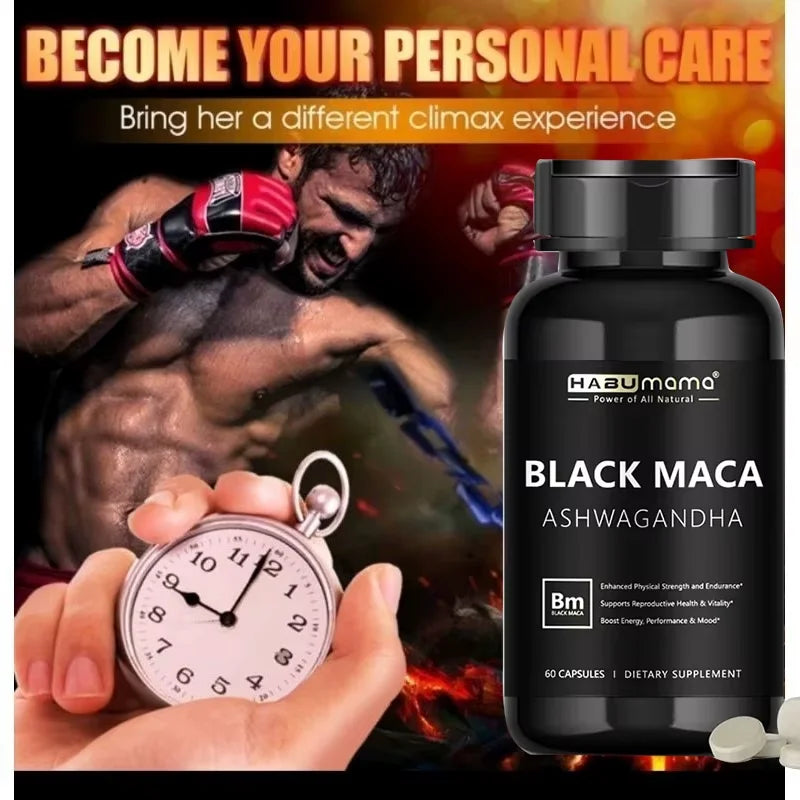 Organic Black Maca Root + Ashwagandha Extract Supplement for Women & Men Erect, Energy, Endurance - Vegan Pills