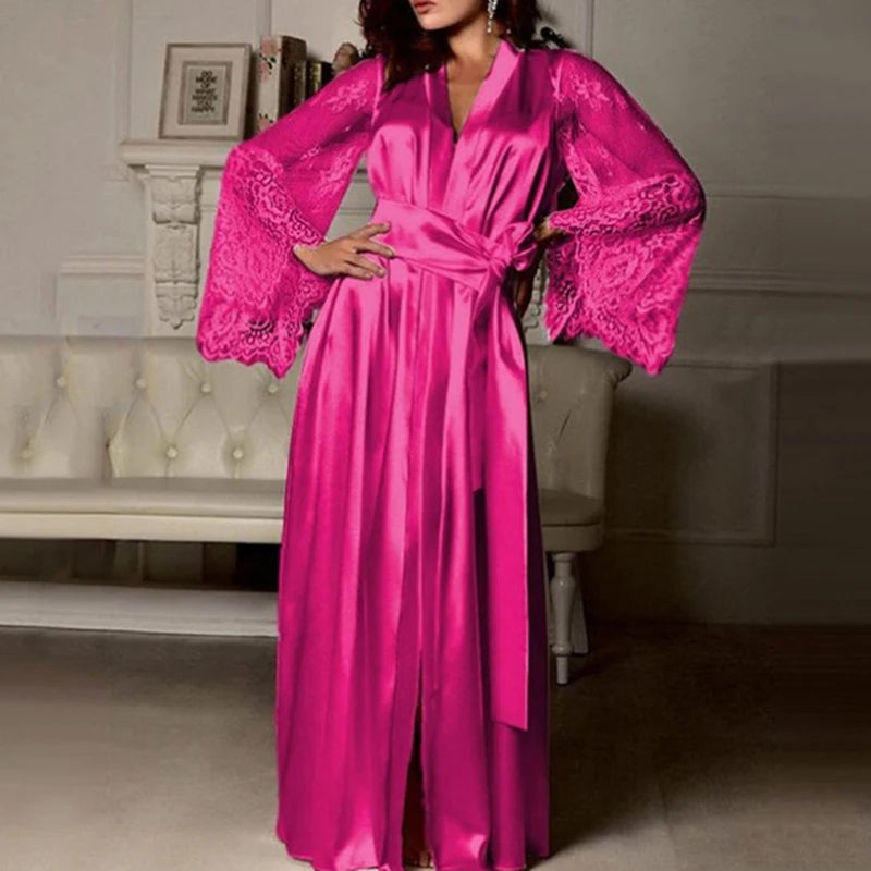 Sexy Long Lace Lingerie Nightwear Bath Robe Gown - Ice Silk Nightdress