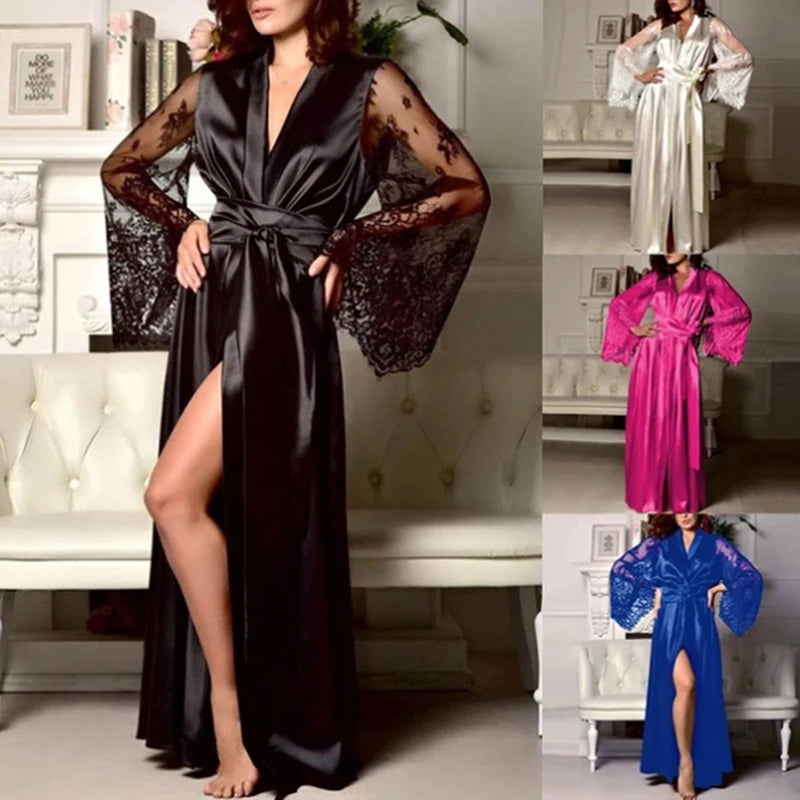 Sexy Long Lace Lingerie Nightwear Bath Robe Gown - Ice Silk Nightdress